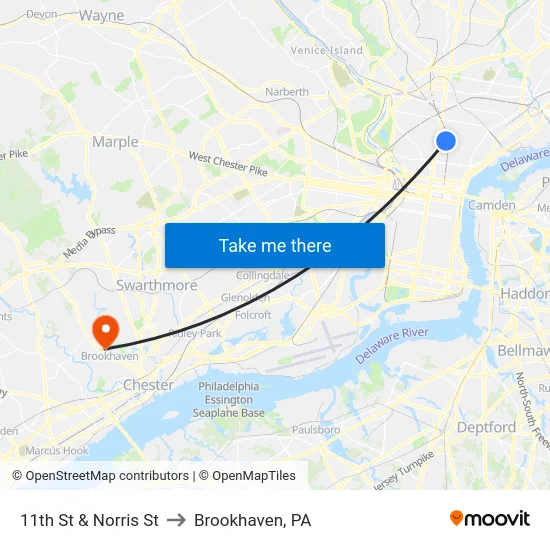 11th St & Norris St to Brookhaven, PA map