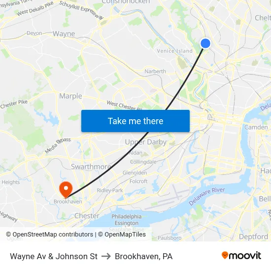 Wayne Av & Johnson St to Brookhaven, PA map