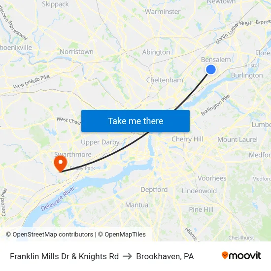 Franklin Mills Dr & Knights Rd to Brookhaven, PA map