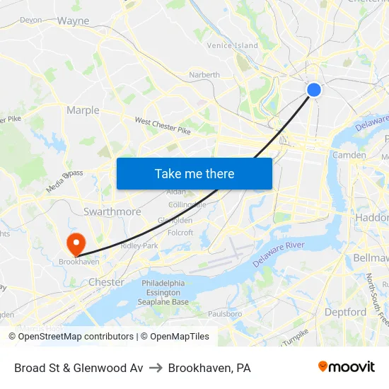 Broad St & Glenwood Av to Brookhaven, PA map