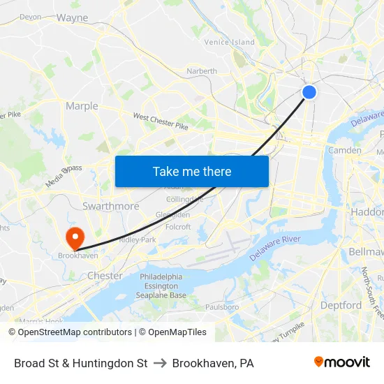 Broad St & Huntingdon St to Brookhaven, PA map