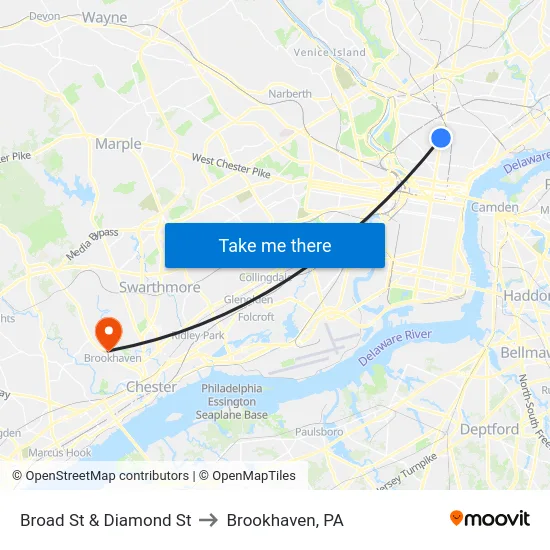 Broad St & Diamond St to Brookhaven, PA map