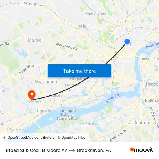 Broad St & Cecil B Moore Av to Brookhaven, PA map