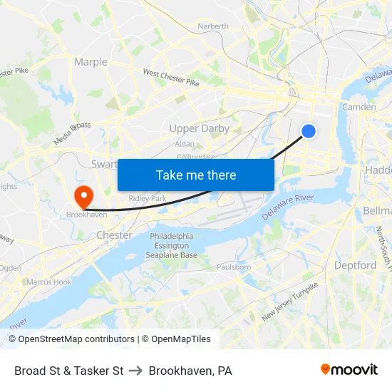 Broad St & Tasker St to Brookhaven, PA map