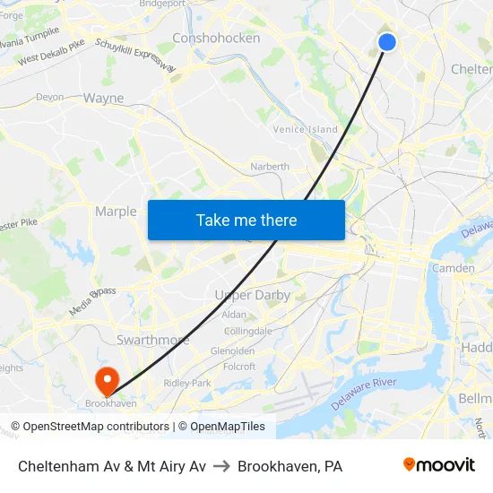 Cheltenham Av & Mt Airy Av to Brookhaven, PA map