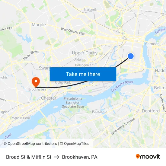 Broad St & Mifflin St to Brookhaven, PA map