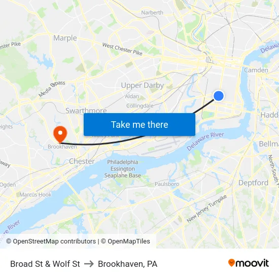 Broad St & Wolf St to Brookhaven, PA map