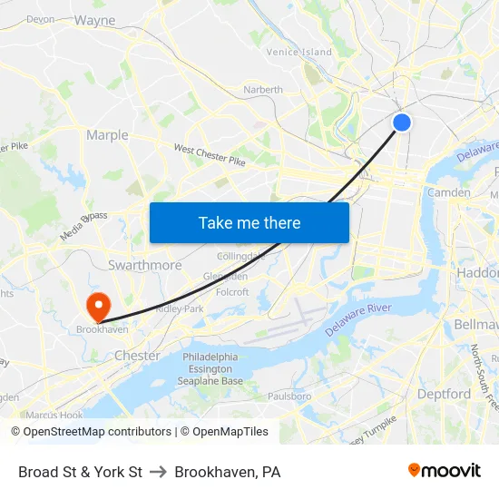 Broad St & York St to Brookhaven, PA map