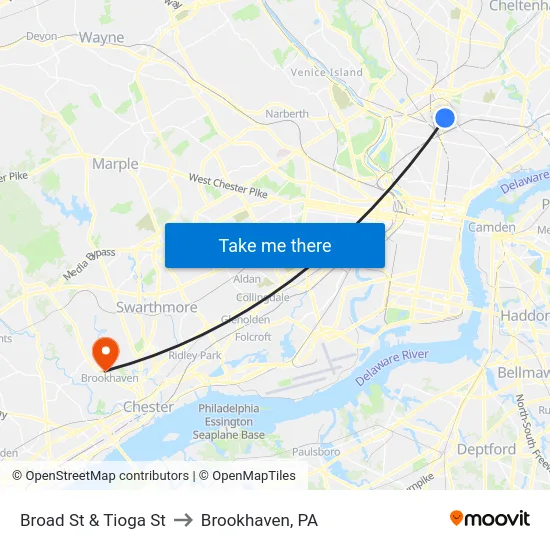 Broad St & Tioga St to Brookhaven, PA map