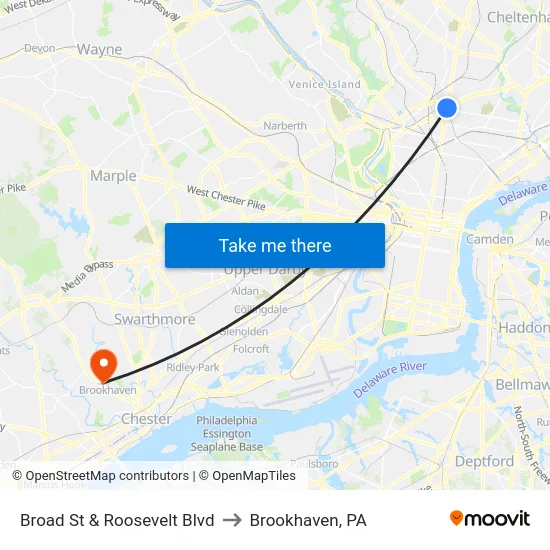 Broad St & Roosevelt Blvd to Brookhaven, PA map