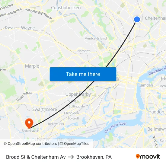 Broad St & Cheltenham Av to Brookhaven, PA map