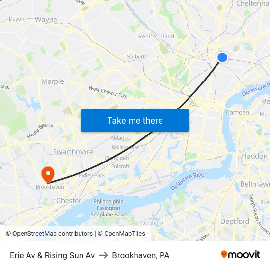Erie Av & Rising Sun Av to Brookhaven, PA map