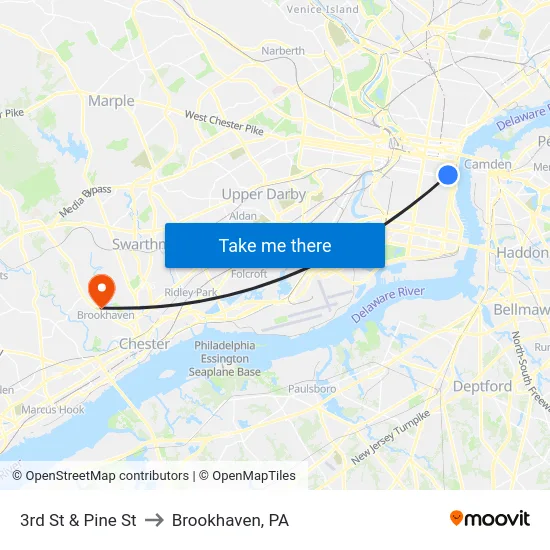 3rd St & Pine St to Brookhaven, PA map