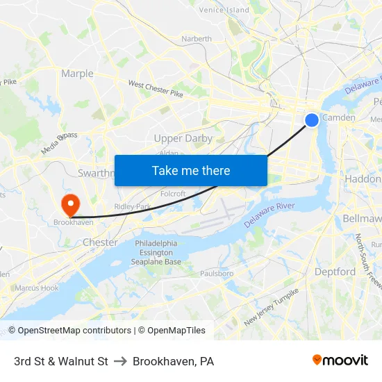 3rd St & Walnut St to Brookhaven, PA map