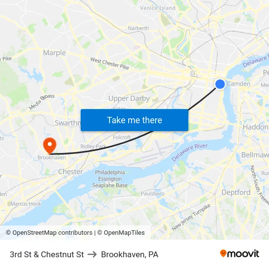 3rd St & Chestnut St to Brookhaven, PA map