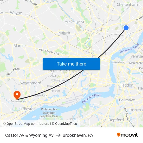 Castor Av & Wyoming Av to Brookhaven, PA map