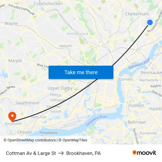 Cottman Av & Large St to Brookhaven, PA map