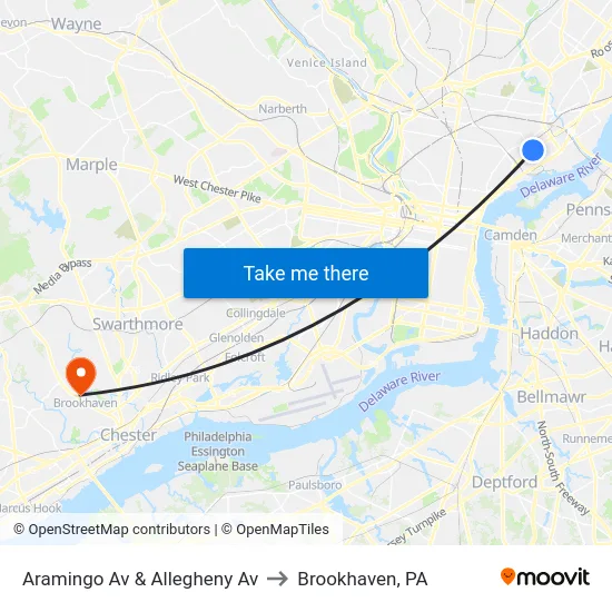 Aramingo Av & Allegheny Av to Brookhaven, PA map