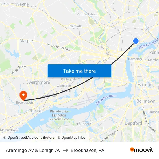 Aramingo Av & Lehigh Av to Brookhaven, PA map