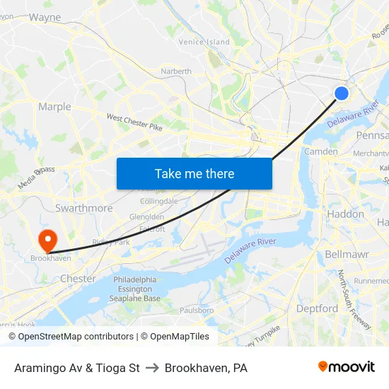 Aramingo Av & Tioga St to Brookhaven, PA map