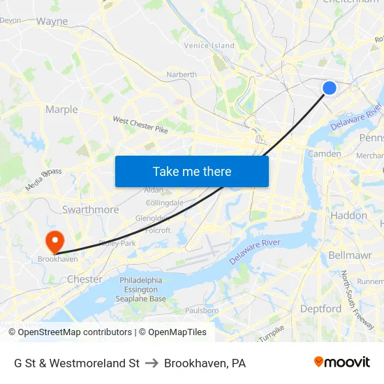 G St & Westmoreland St to Brookhaven, PA map