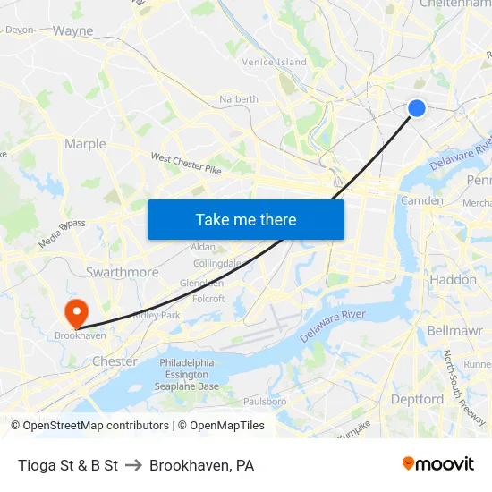 Tioga St & B St to Brookhaven, PA map