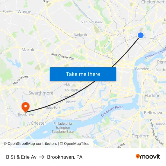 B St & Erie Av to Brookhaven, PA map