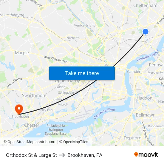 Orthodox St & Large St to Brookhaven, PA map