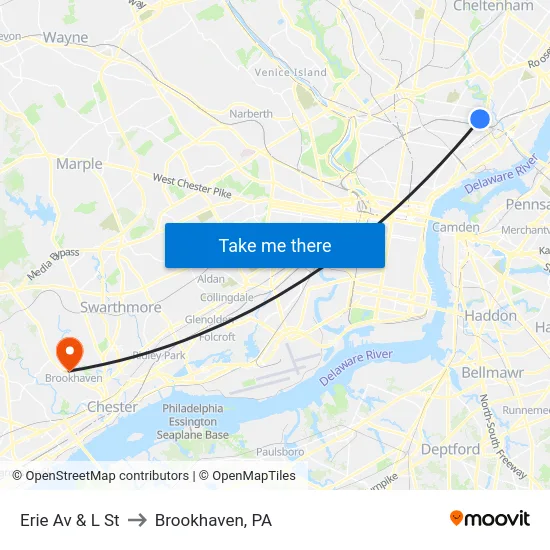 Erie Av & L St to Brookhaven, PA map