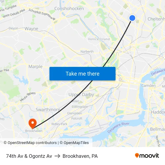 74th Av & Ogontz Av to Brookhaven, PA map