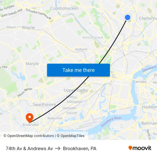 74th Av & Andrews Av to Brookhaven, PA map