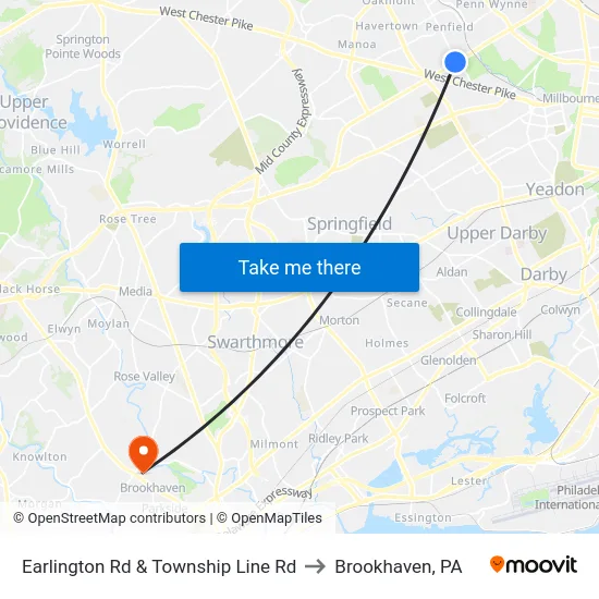 Earlington Rd & Township Line Rd to Brookhaven, PA map