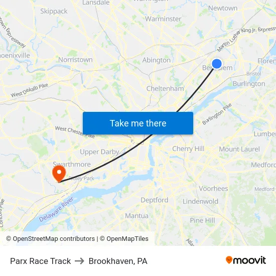 Parx Race Track to Brookhaven, PA map
