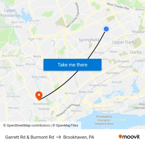 Garrett Rd & Burmont Rd to Brookhaven, PA map