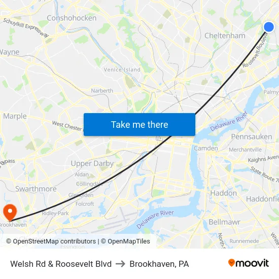 Welsh Rd & Roosevelt Blvd to Brookhaven, PA map