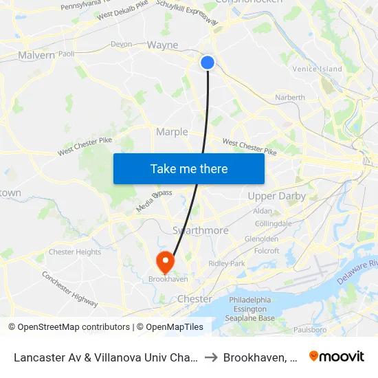 Lancaster Av & Villanova Univ Chapl to Brookhaven, PA map