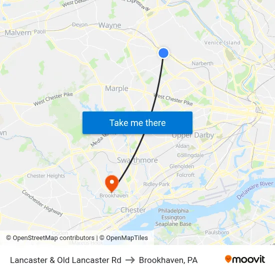 Lancaster & Old Lancaster Rd to Brookhaven, PA map