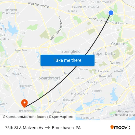 75th St & Malvern Av to Brookhaven, PA map