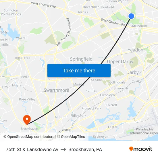 75th St & Lansdowne Av to Brookhaven, PA map