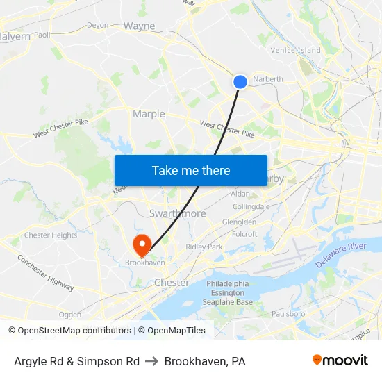 Argyle Rd & Simpson Rd to Brookhaven, PA map