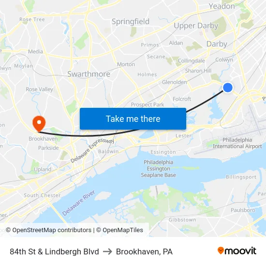 84th St & Lindbergh Blvd to Brookhaven, PA map