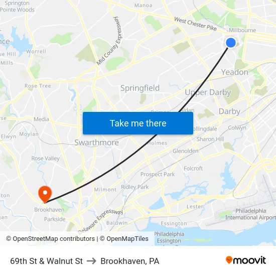 69th St & Walnut St to Brookhaven, PA map