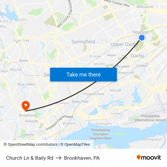 Church Ln & Baily Rd to Brookhaven, PA map