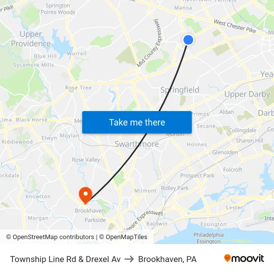 Township Line Rd & Drexel Av to Brookhaven, PA map