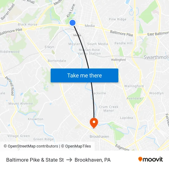 Baltimore Pike & State St to Brookhaven, PA map