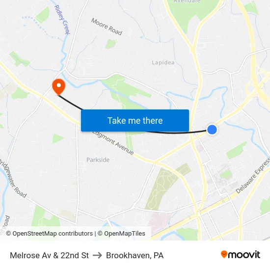 Melrose Av & 22nd St to Brookhaven, PA map