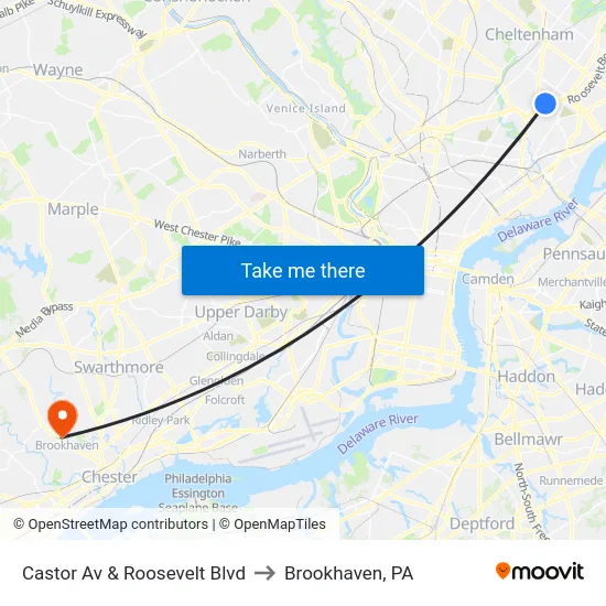 Castor Av & Roosevelt Blvd to Brookhaven, PA map