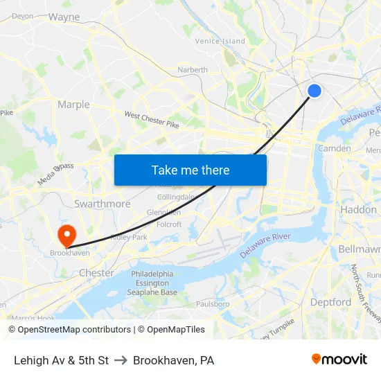 Lehigh Av & 5th St to Brookhaven, PA map