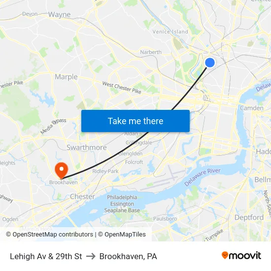 Lehigh Av & 29th St to Brookhaven, PA map