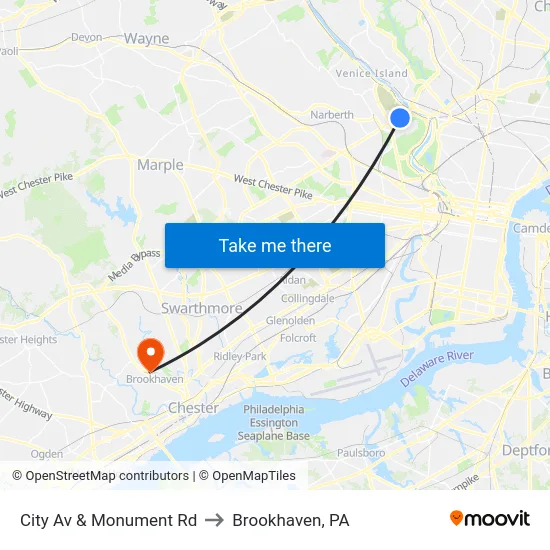 City Av & Monument Rd to Brookhaven, PA map